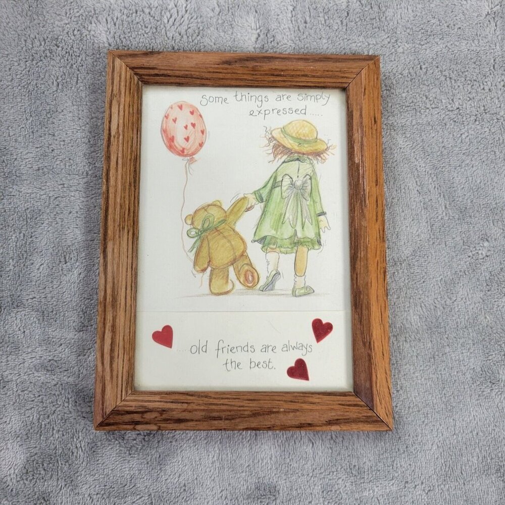 Girl With Teddy Bear Balloon Framed Plaque Wall Art Nursery Decor Made USA S20E